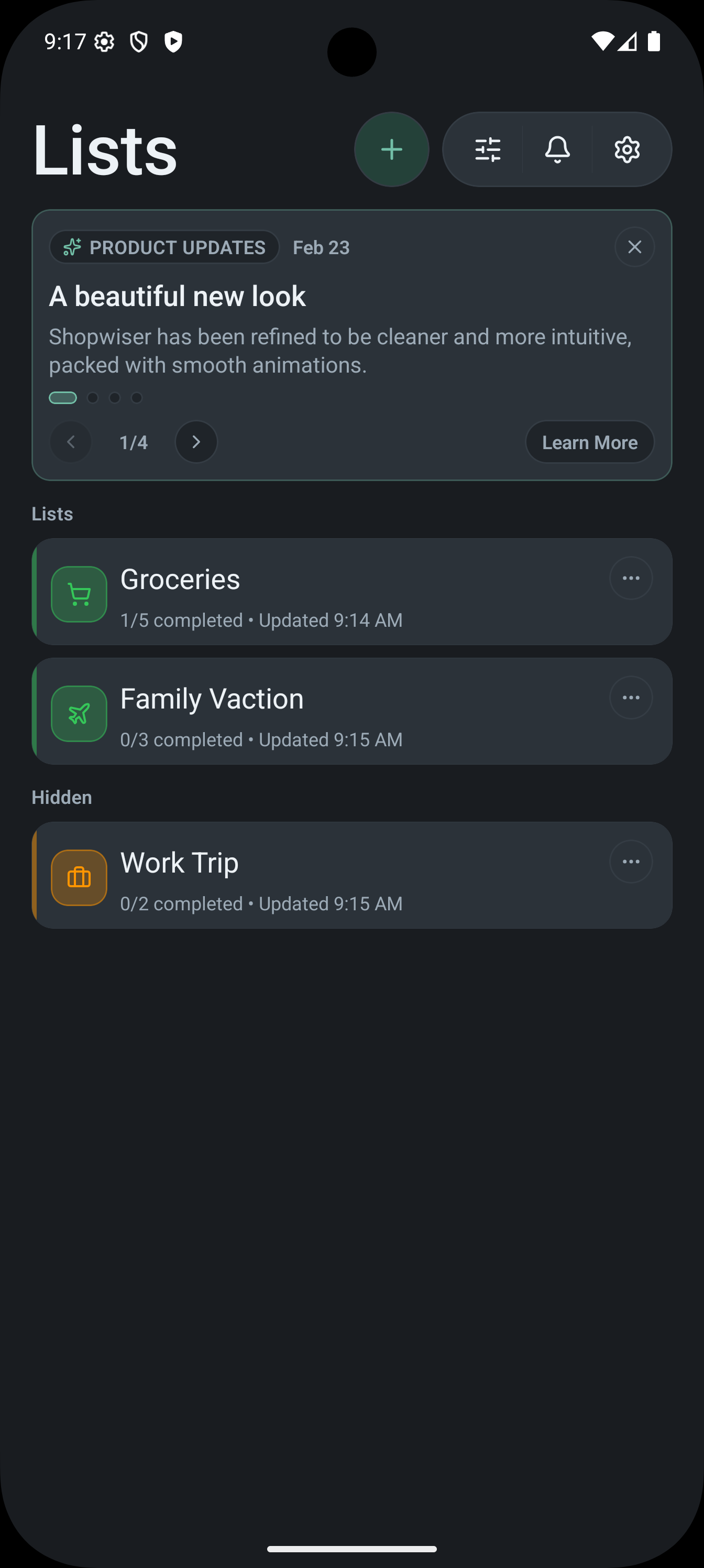 Shopwiser home screen on Android - dark mode