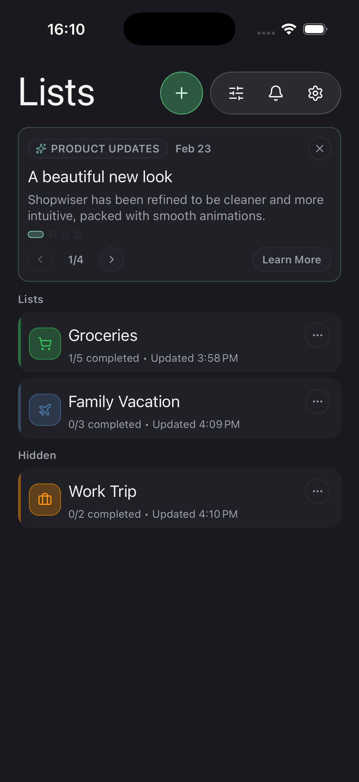 Shopwiser home screen on iPhone — dark mode