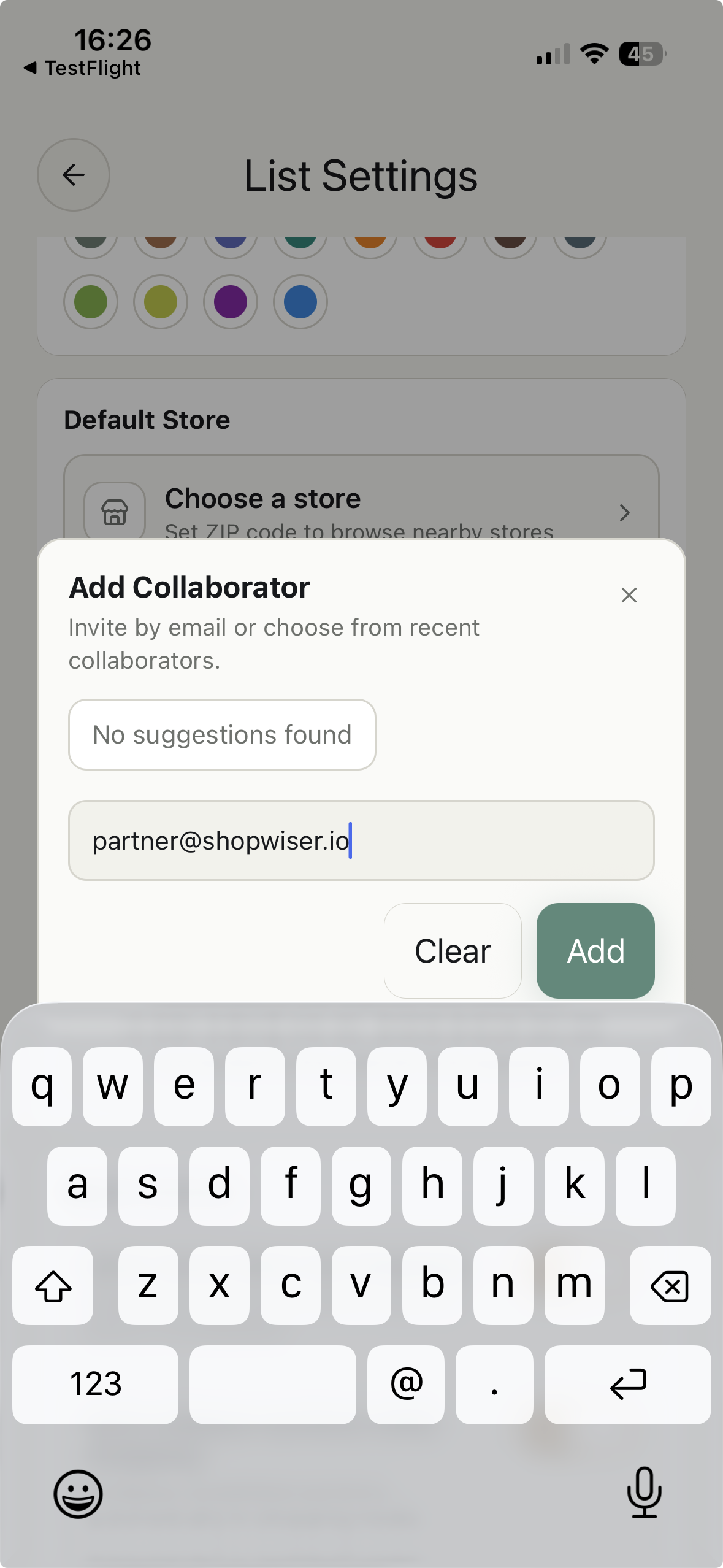 Shopwiser collaboration screen on iPhone - light mode
