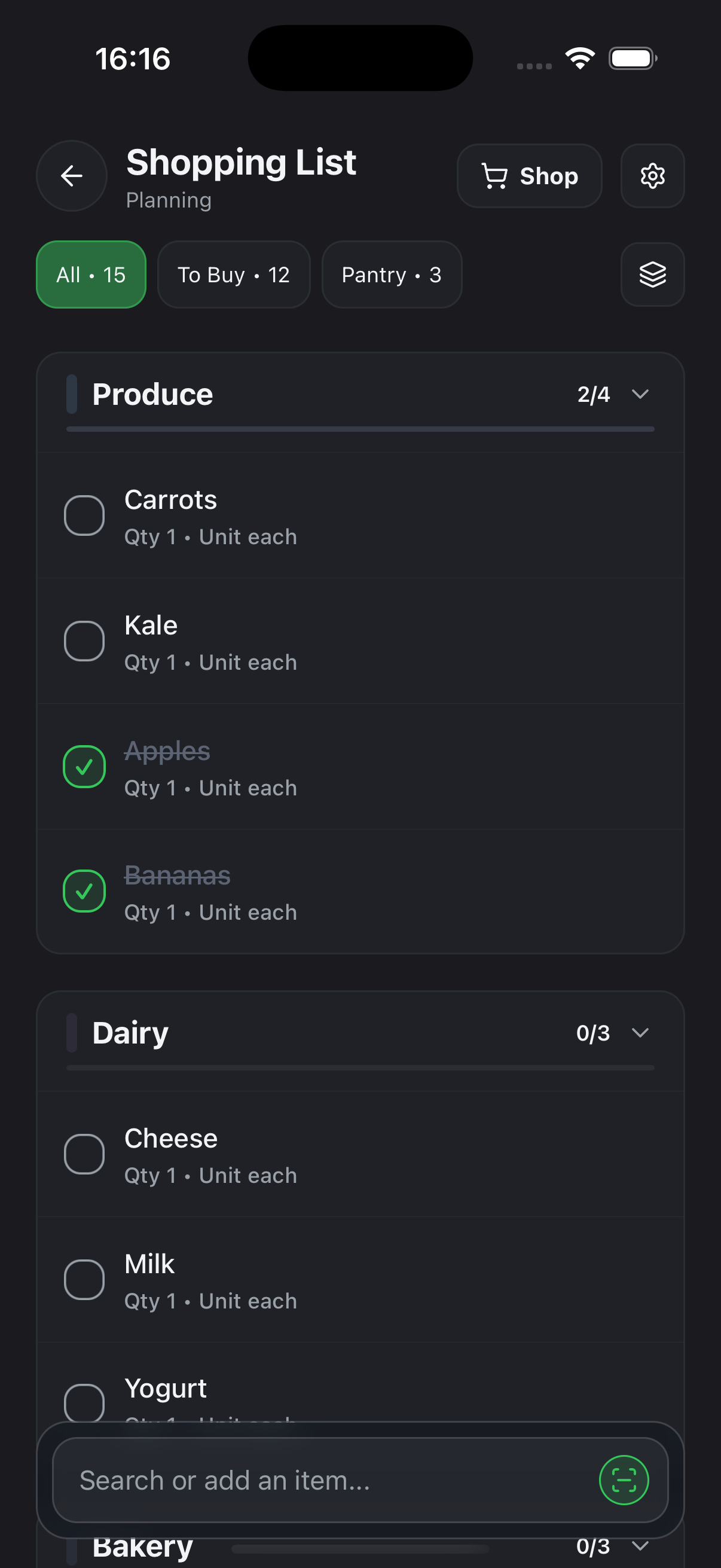 Shopwiser list view on iPhone — dark mode