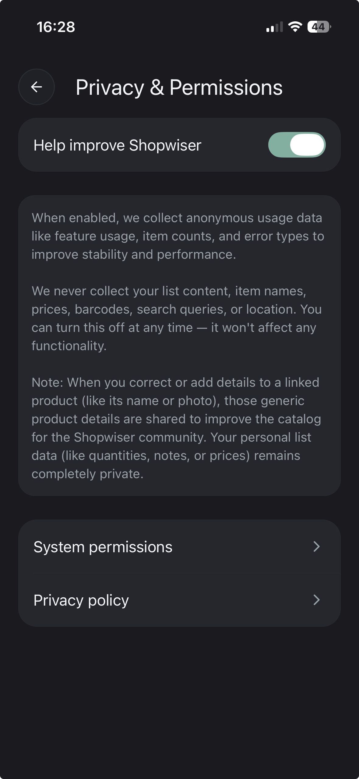 Shopwiser privacy settings screen on iPhone - dark mode