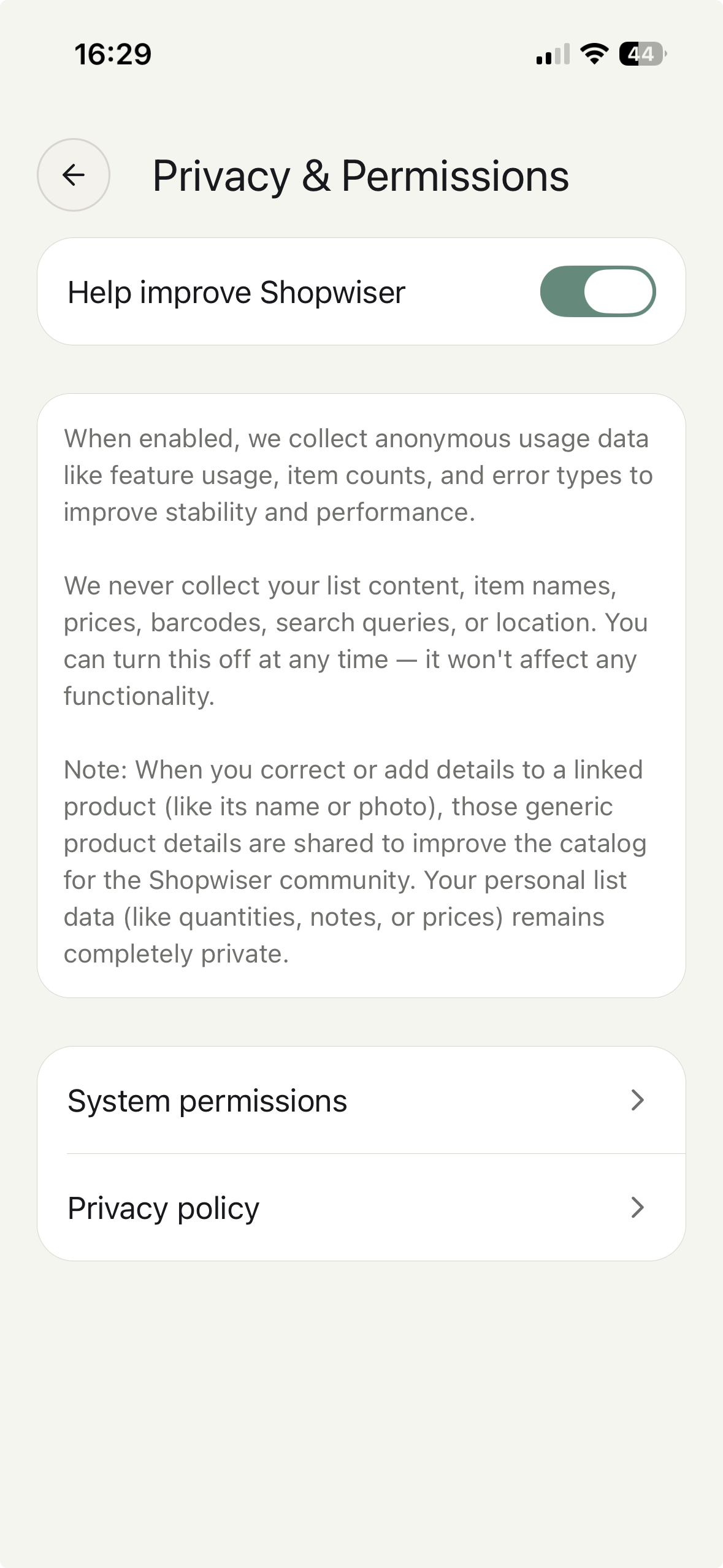 Shopwiser privacy settings screen on iPhone - light mode